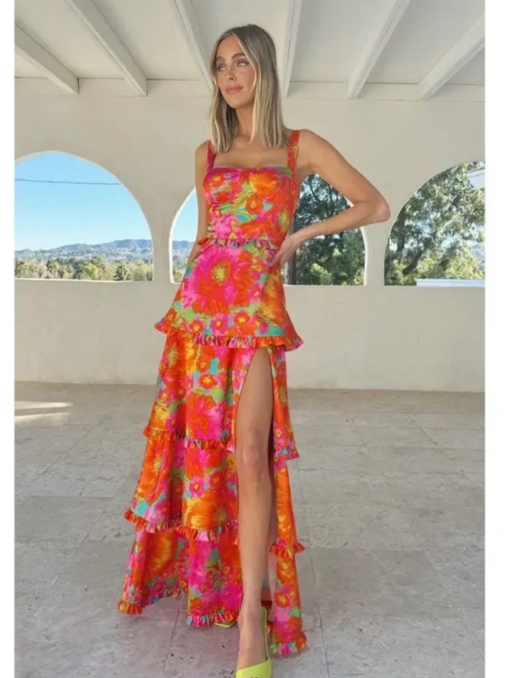 Vibrant Floral Ruffle High-Slit Maxi Dress - Pink & Orange